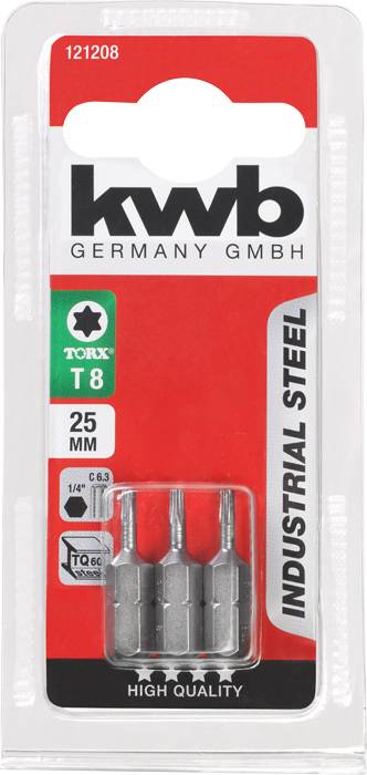 Sada bitů šroubováku 'kwb', modelové číslo 121208, obsahuje bity Torx T8, délka 25 mm, vyrobené z průmyslové oceli, v blistrové kartě.