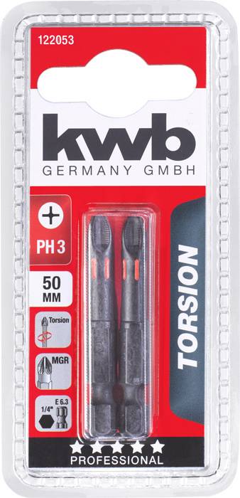 'kwb Germany GmbH' Balení se dvěma PH 3 šroubovákovými bity, dlouhými 50 mm. Balení zdůrazňuje kvalitu a torzní funkci.