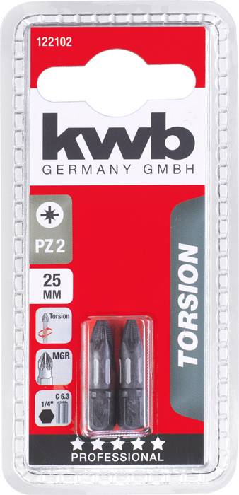 Balení společnosti 'Kwb Germany GmbH' obsahuje dva torzní bity PZ2, 25 mm, profesionální kvality. EAN 4009311221023.