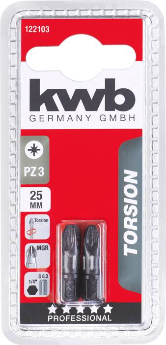 Balení obsahuje dva 25mm bity PZ3 značky 'kwb Germany GmbH', vhodné pro šrouby Torx v rámci celé produktové řady 'Torsion'.