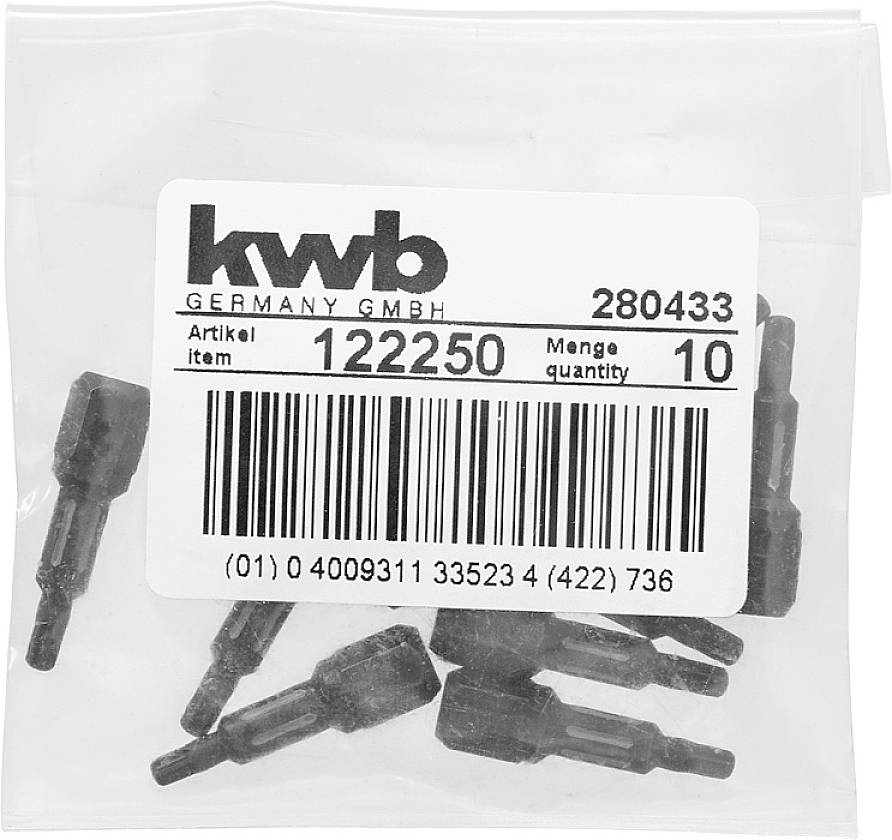 Plastová taška s deseti malými černými nástavci na nářadí od firmy 'kwb Germany GmbH'. Číslo artiklu: 122250.