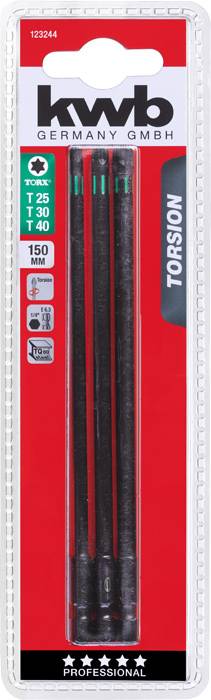 Tři torzní bity od kwb pro torxové šrouby ve velikostech T25, T30, T40, délka 150 mm, balené v červeném a průhledném plastovém obalu.