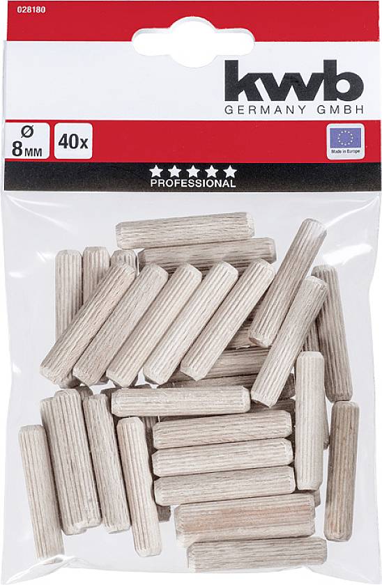 Balení 40 dřevěných spojovacích kolíků o průměru 8 mm od společnosti 'kwb Germany GmbH', prezentované v průhledném obalu.
