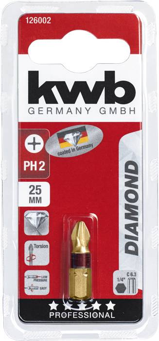 'KWB Germany GmbH' šroubovací bit PH2, 25 mm, diamantem potažený. Balení zobrazuje produktové informace a logo výrobce.