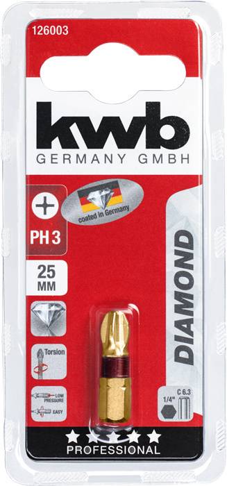 'Kwb Germany GmbH PH3 Šroubovací bit, 25 mm, diamantem potažený, torzní zóna. Vhodný pro profesionální použití.'
