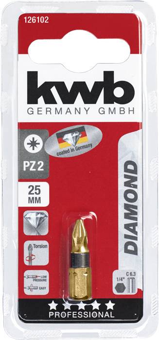 'kwb Germany GmbH' PZ2 bity, 25mm, diamantem potažené, pro profesionální použití. Balení zobrazuje logo a detaily produktu.