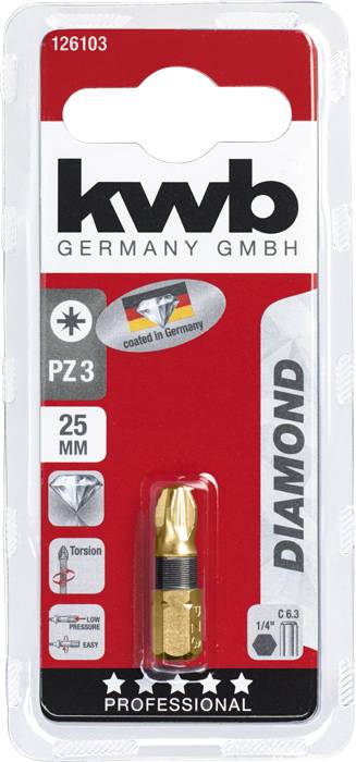 Balení 25mm diamantového šroubovacího bitu PZ3 značky 'kwb Germany GmbH', vhodné pro profesionální použití.