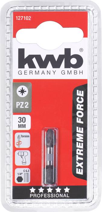 'kwb GERMANY GMBH' Šroubovací bit, PZ2, 30 mm, 'EXTRÉMNÍ SÍLA'. Symbol pro torzi, 1/4'' šestihran, PROFESIONÁLNÍ, 5-ti hvězdičkové hodnocení.