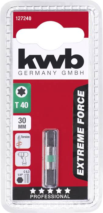 Kwb T40 bit, 30 mm, pro šroubovák, v blistrovém balení. Značení pro torzní a 1/4 palcový nástavec, vhodný pro profesionální použití.