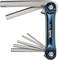 Multifunkční nástroj s několika výsuvnými imbusy různých velikostí, kompaktně složený.