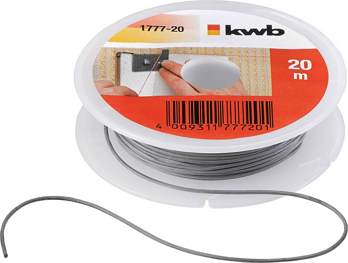 Šedý opláštěný drát na plastové cívce s etiketou 'kwb 1777-20' a délkovým údajem '20 m', vhodný pro různorodé použití.
