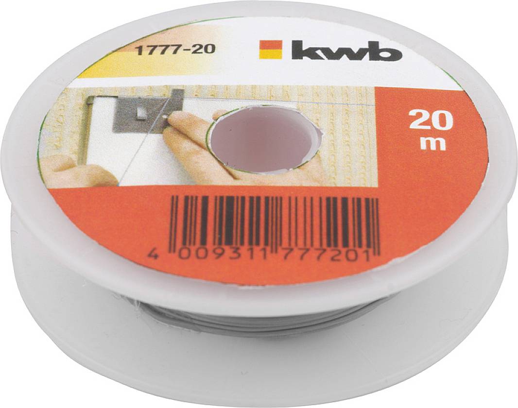 Plastový válec s 20 m ocelovým drátem. Etiketa zobrazuje značku "kwb" a číslo artiklu "1777-20".