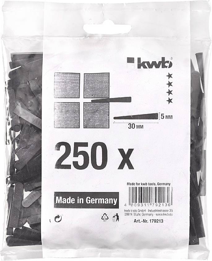 Plastová taška s 250 černými plastovými klínky, velikost 30 mm x 5 mm, vyrobeno v Německu. Výrobek značky kwb.