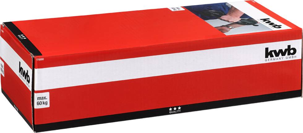 Červený obal výrobku nářadí od společnosti 'kwb Germany GmbH' s vyobrazeným scénářem použití na horní straně. Maximální nosnost: 60 kg.