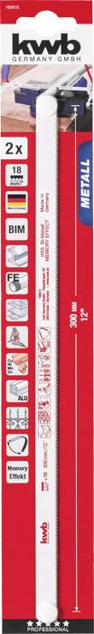 Pilové plátky kwb na kov, 2x 18 TPI, ideální pro práci s kovem. Produktový obal s ikonami kompatibility pilových plátků.