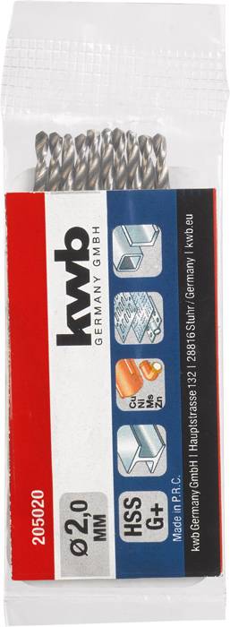 Balení vrtáků, velikost 2,0 mm, vhodné pro kov. Značka: kwb Germany. Obsahuje symboly pro různé materiály.