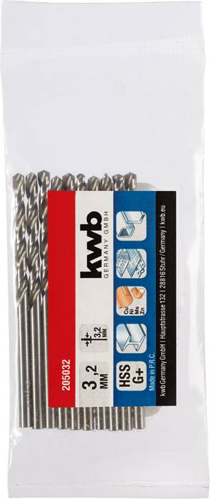 Sada vrtáků 'kwb'. Obsahuje 13 vrtáků o průměru 3,2 mm. Vhodné pro kov, dřevo, plast. Balení zobrazuje detaily produktu a loga.
