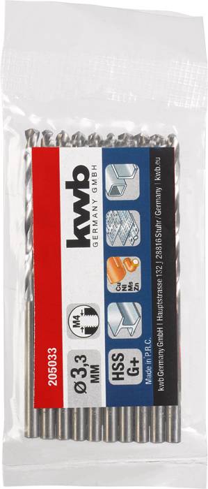 Sada vrtáků v balení, 10 kusů, průměr 3,3 mm. Štítek zobrazuje značku 'kwb', piktogramy pro vhodnost materiálu: kov, HSS, velikost M4.