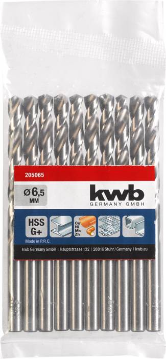 Balení obsahuje 10 kovových vrtáků, velikost 6,5 mm, značka kwb Germany GmbH. Etiketa zobrazuje detaily jako materiál a oblasti použití.