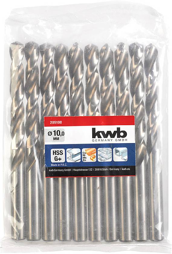 Sada kovových vrtáků v plastovém obalu. Na obalu je napsáno '10,0 mm HSS' a je viditelné logo výrobce.