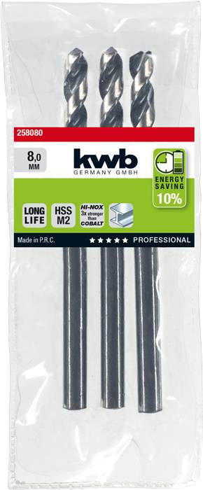 Tři kovové vrtáky značky 'kwb Germany' v originálním balení, průměr 8,0 mm, HSS M2 kvalita, energeticky úsporné a dlouhodobě spolehlivé, vyrobené v ČLR.