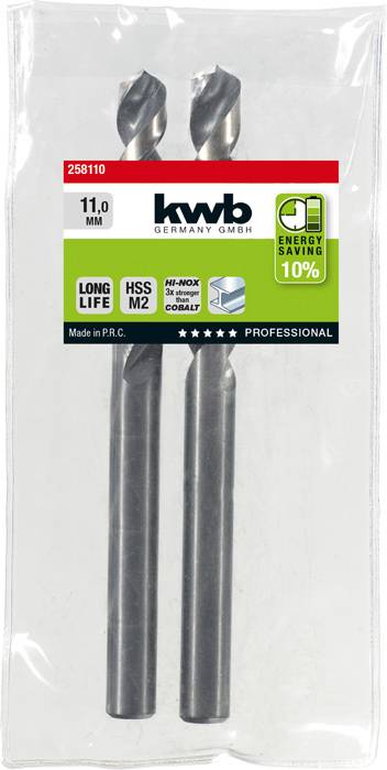 Dva kovové vrtáky v průhledném obalu. Etiketa zobrazuje: 'kwb Germany GmbH', velikost 11,0 mm, 'HSS M2', úspora energie 10%.