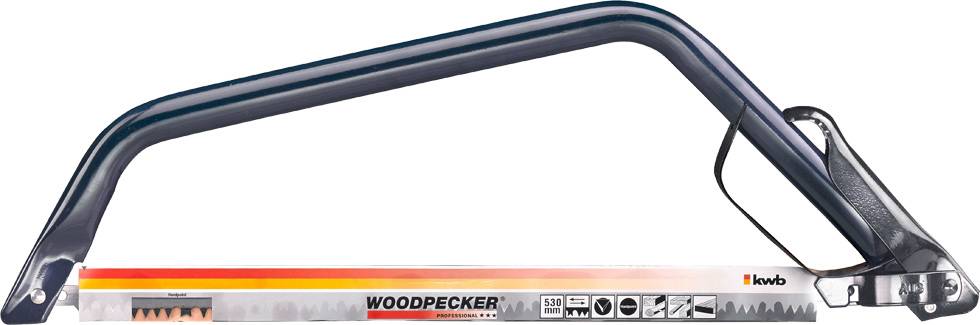 Kovová pila s ergonomickou rukojetí a nápisem 'Woodpecker'. Vhodná pro práci se dřevem a kovem, s pilovým listem o délce 530 mm.