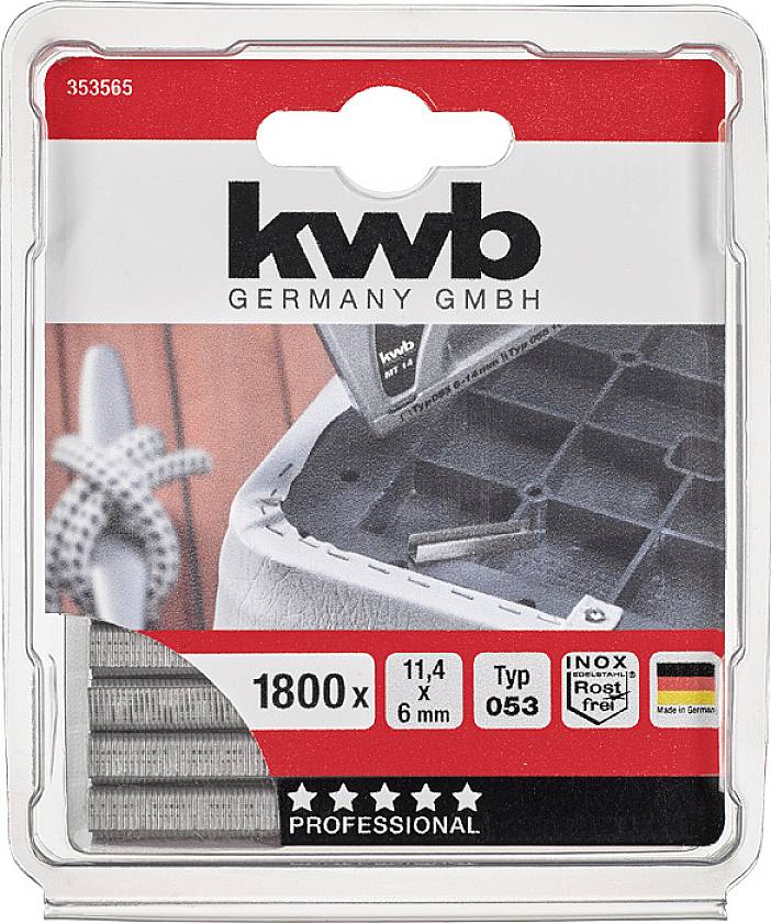 Balení s 1800 kovovými kolíky, 11,4 x 6 mm, typ 053. Obchodní značka 'kwb' a loga pro nerezovou ocel a korozivzdornost jsou viditelné.