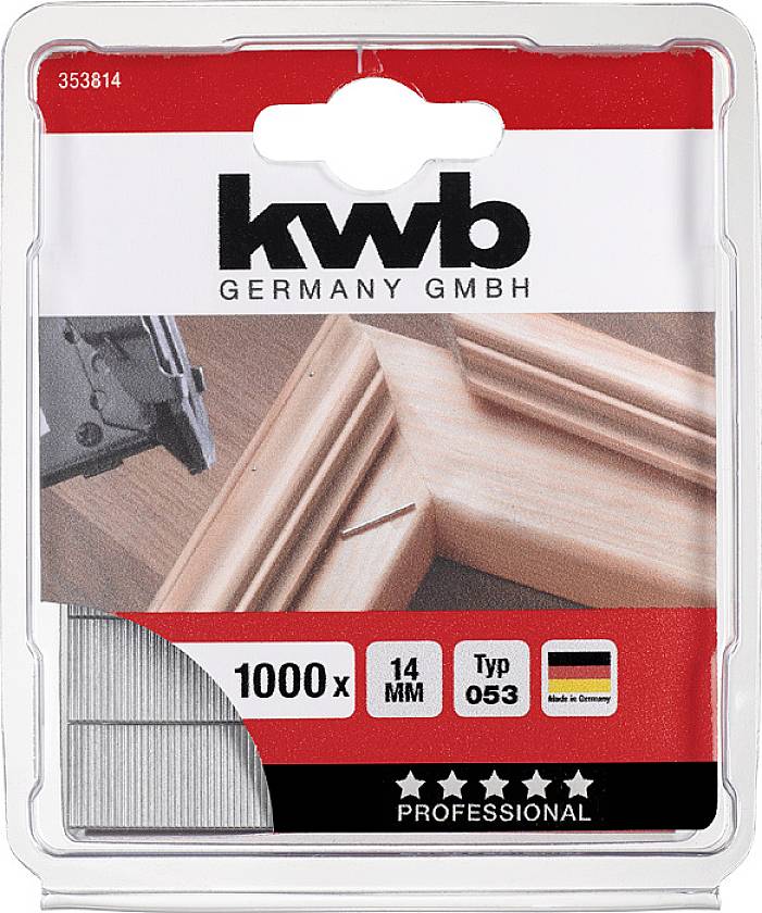 Balení společnosti 'kwb Germany GmbH' s 1000 hřebíky, 14 mm, typ 053. Etiketa 'Vyrobeno v Německu' a čtyřhvězdičkové hodnocení 'Professional'.