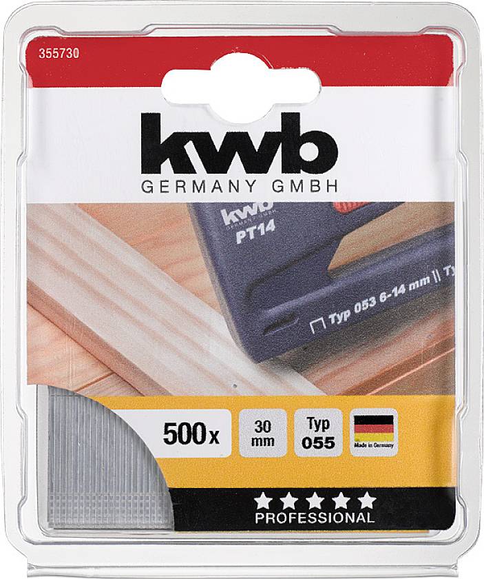 Obal na balení 500 spon od společnosti kwb Germany GmbH, délka 30 mm, typ 055, "Vyrobeno v Německu" s vyobrazenou sponkovačkou.