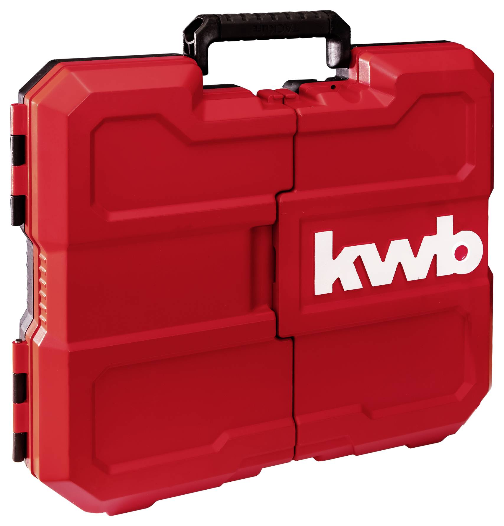 Červený plastový transportní kufřík s černou rukojetí, na jehož straně jsou bílým písmem vyvedena písmena 'kwb'.