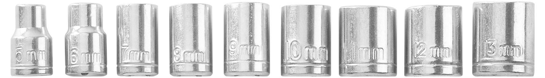 Řada deseti chromovaných nástrčných klíčů v vzestupném pořadí od 4 mm do 13 mm, používaných pro utahování nebo povolování šroubů a matic pomocí klíče.