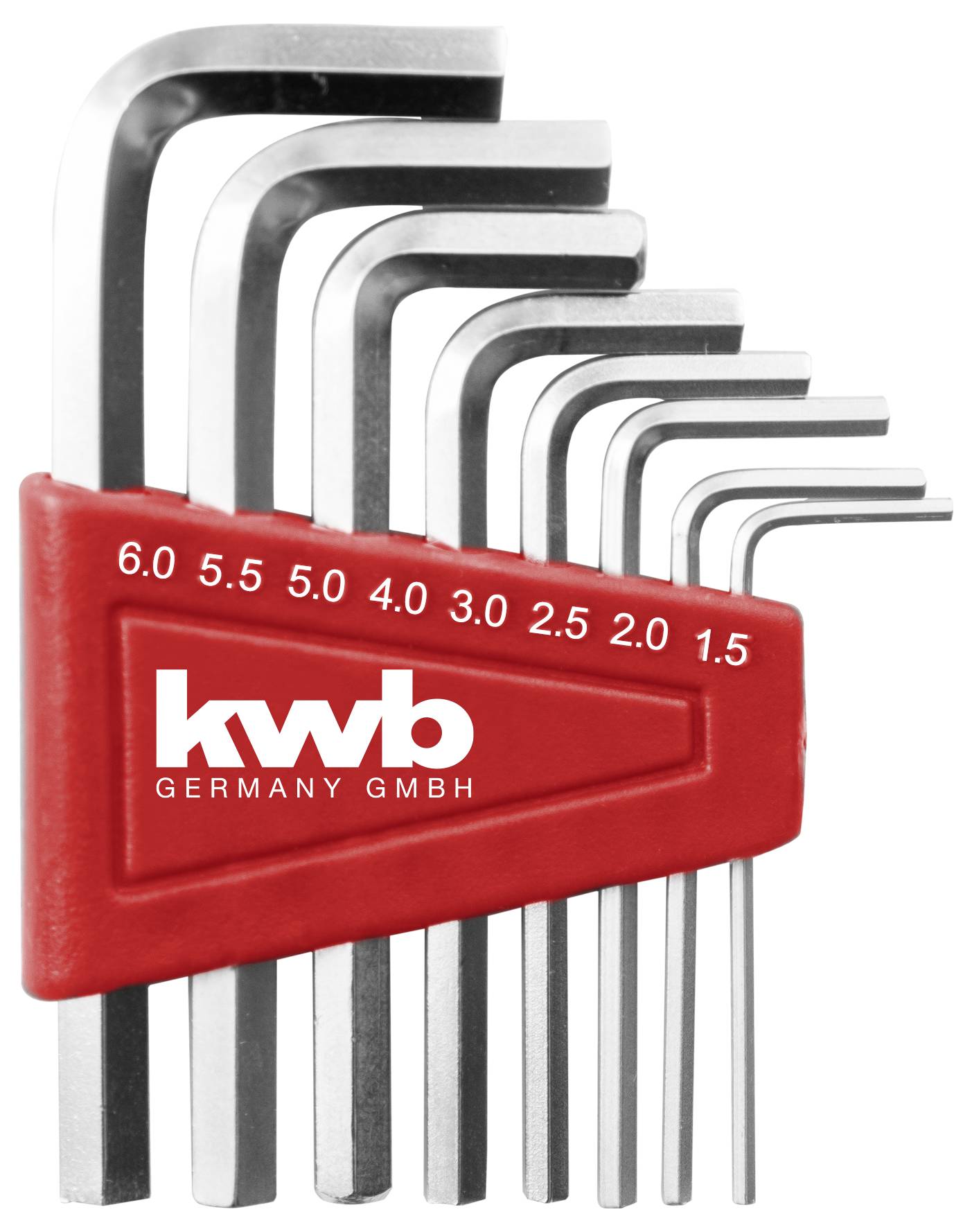 Sada osmi L-klíčů s šestihrannou hlavou v různých velikostech, od 6,0 do 1,5 mm, upevněná v červeném držáku s nápisem „kwb Germany GmbH".