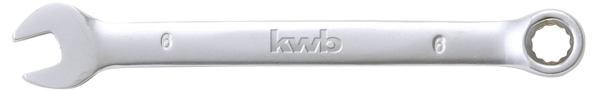 Stříbrný kombinovaný klíč KWB s otevřeným koncem vlevo a kroužkovým koncem vpravo, určený pro utahování nebo povolování šroubů.
