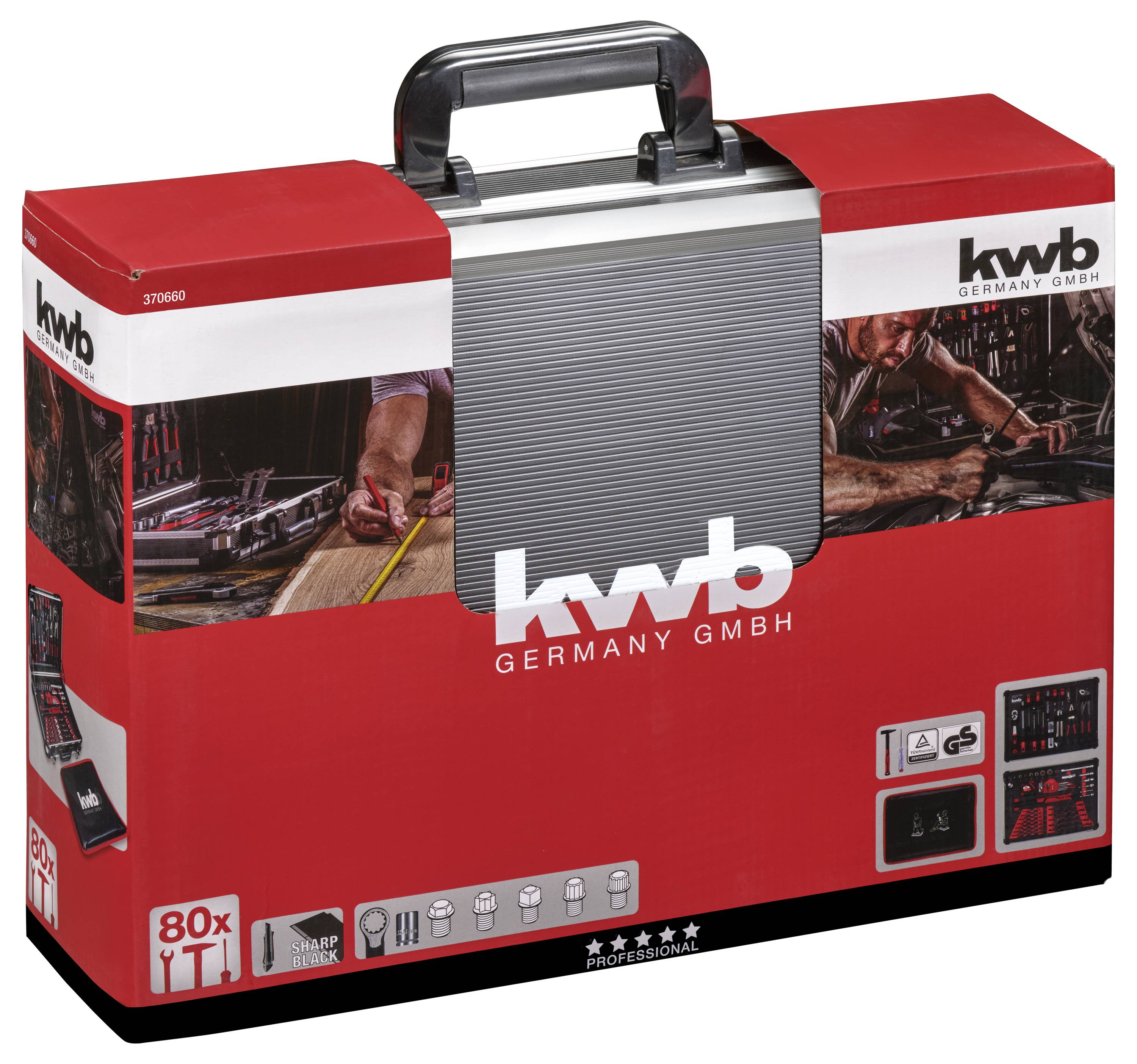 Červený a šedý pracovní kufřík označený 'kwb Germany GmbH', který obsahuje vyobrazení nářadí uvnitř a ikony znázorňující obsažené nástroje, jako jsou kladivo a šroubovák.
