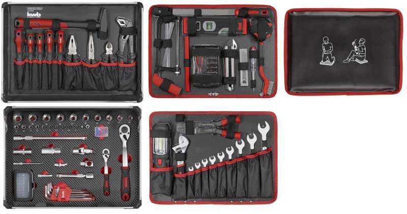 Kufr s různými nástroji, včetně šroubováků, kleští, klíčů a kladiva, pečlivě uspořádaných.