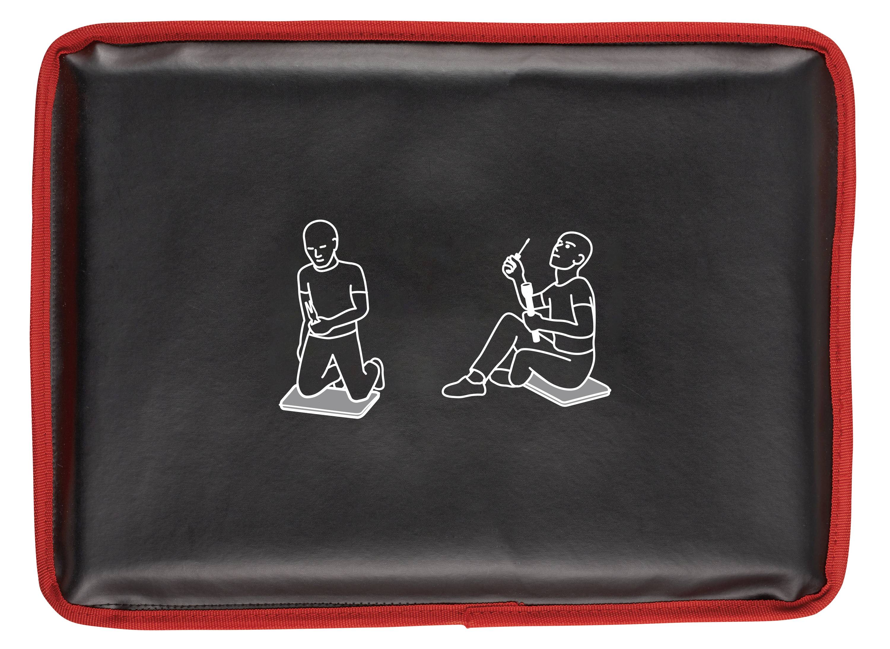 Dvě jednoduché ilustrace na černém pozadí s červeným okrajem zobrazují osoby pracující v kleče nebo vsedě.