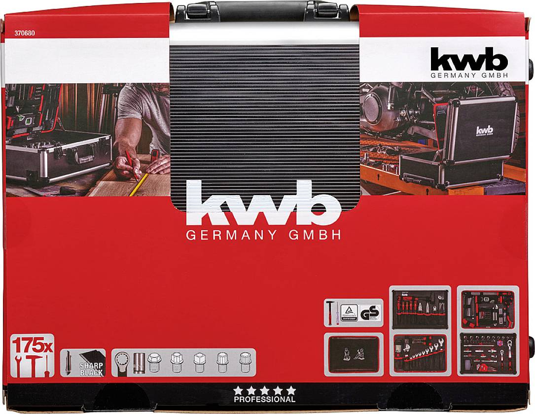 Červený kufr na nářadí od 'kwb GERMANY GMBH' se 175 díly, ilustracemi a technologickým pozadím.