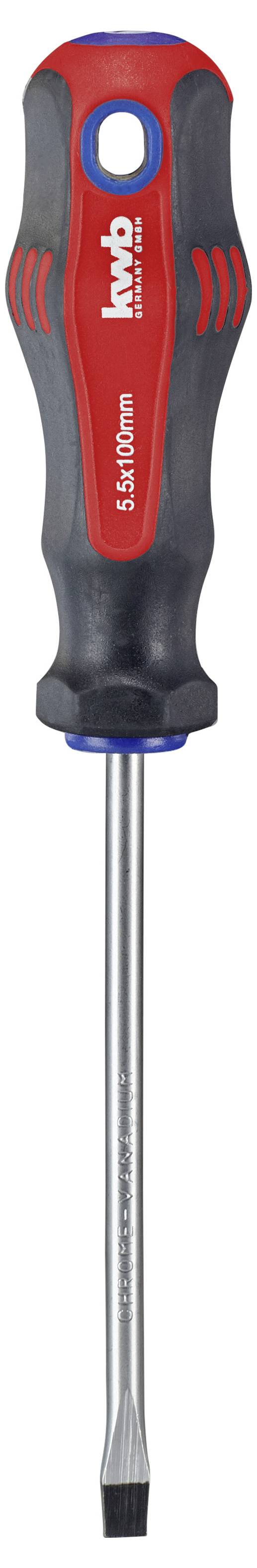 Plochý šroubovák s červeno-černou rukojetí a nápisem 'Wiha', velikost 5,5 x 1 mm, vhodný pro běžné montážní práce.