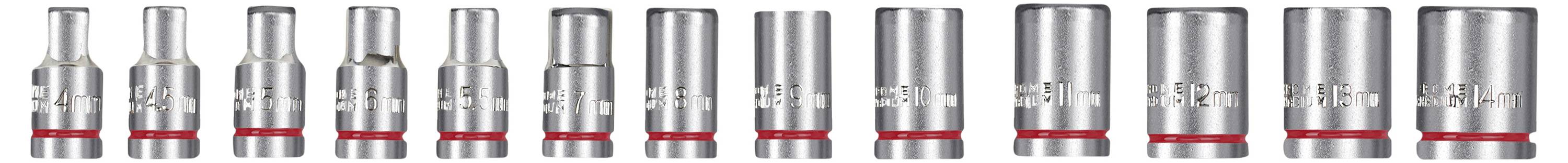 Dvanáct stříbrných nástrčných klíčů s červeným pruhem, uspořádaných vedle sebe podle velikosti od nejmenšího po největší.