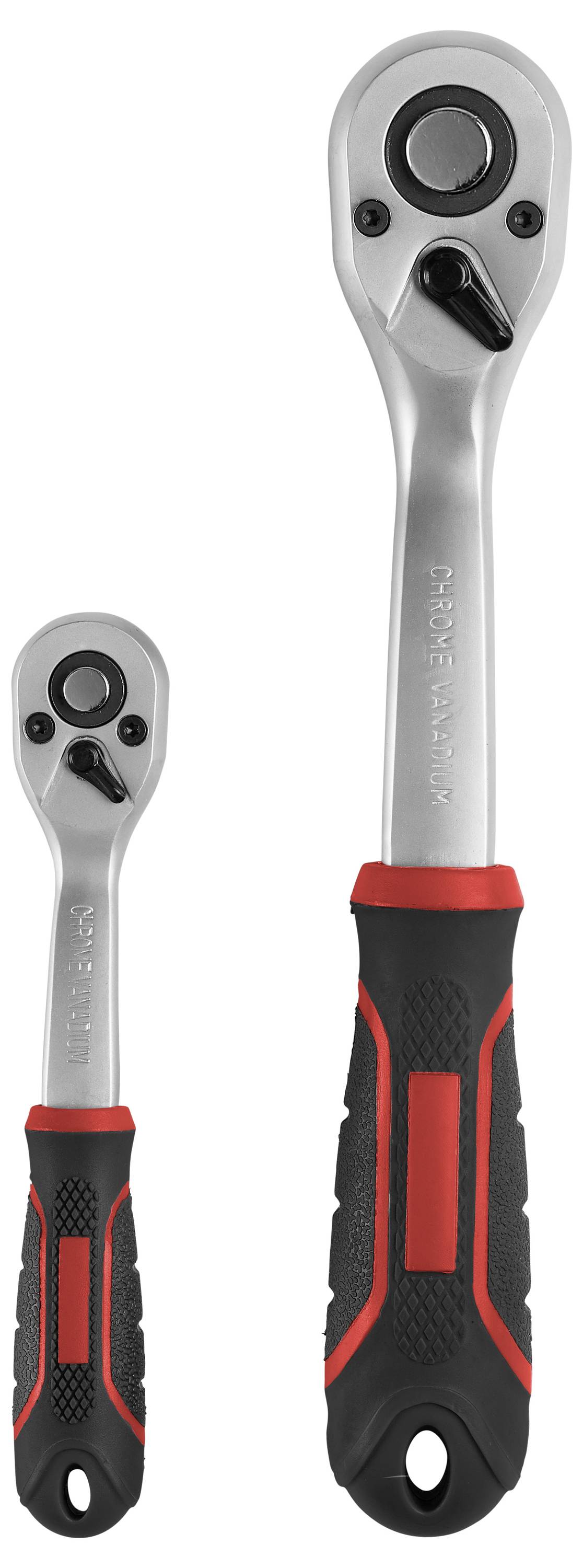 Dvě ráčny s černými a červenými rukojeťmi; jedna menší, jedna větší; na bílém pozadí.