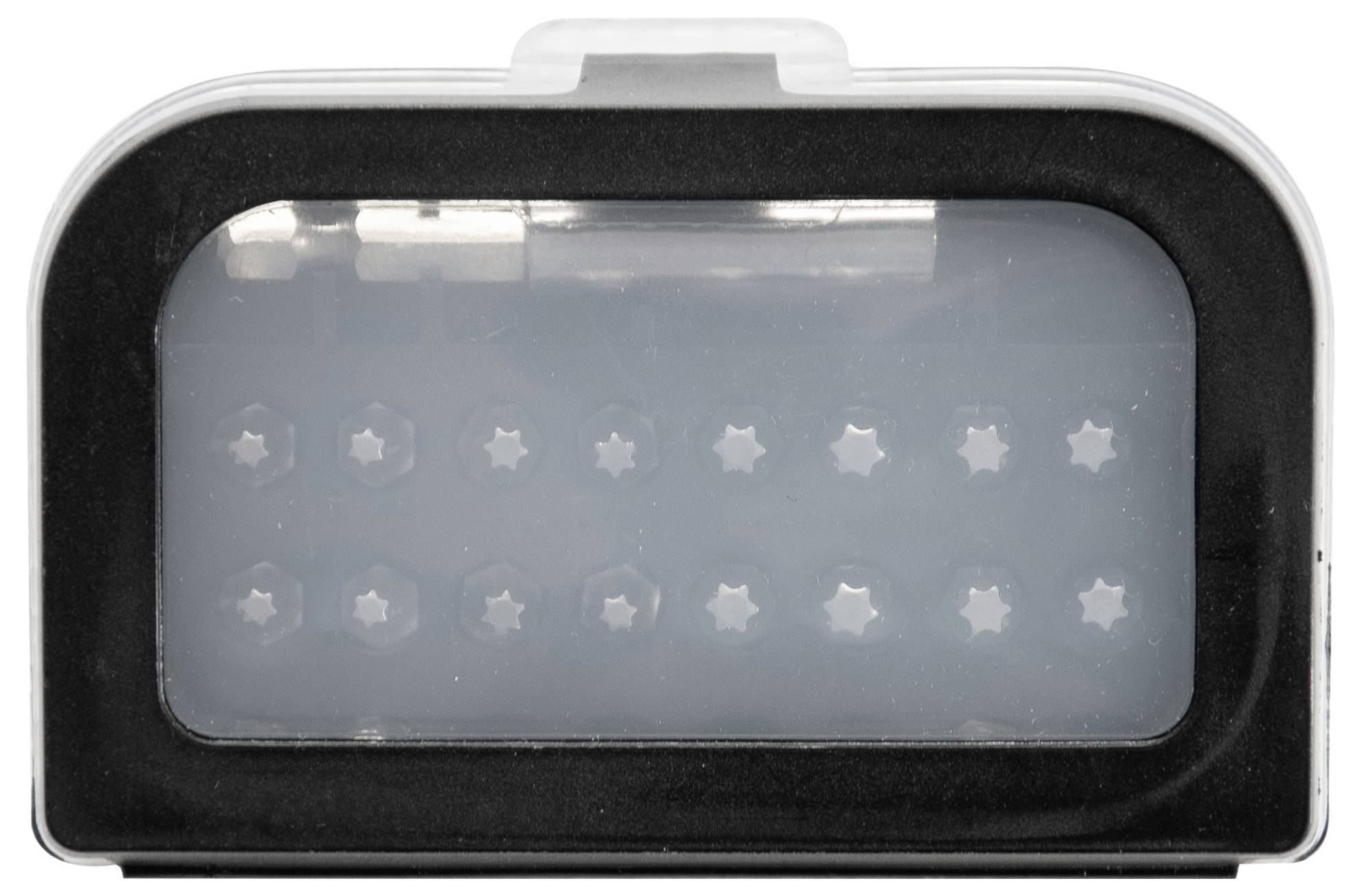 Obdélníkový objekt s průhledným oknem zobrazuje uspořádání svítících bodů ve tvaru hvězd.