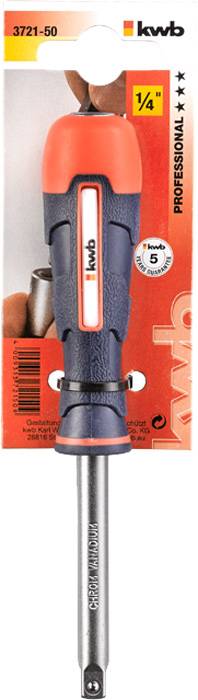 Šroubovák 'kwb Professional' s protiskluzovou rukojetí a vyměnitelnou čepelí, zobrazený na červeném obalu.