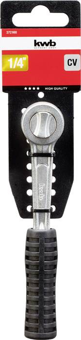 Ráčna s černou rukojetí, značky 'kwb', specifická velikost 1/4 palce, v černém obalu s červeným a žlutým štítkem, vysoké kvality.