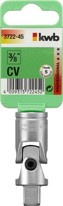 Univerzální kloubový nástavec na klíč s 3/8palcovým připojením, označený "CV" a "Professional". Vhodný pro flexibilní použití.