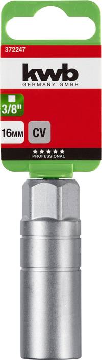 Nástrčný klíč KWB 3/8", 16mm CV v kovovém provedení, zabalený s červeno-zelenou etiketou nahoře.