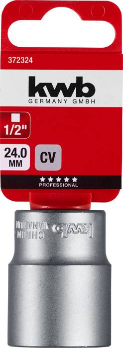 Šestihranná nástrčná hlavice od kwb, 1/2 palce, 24 mm. Balení v červené barvě s informacemi o produktu a firemním logem.