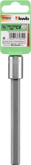 Nástrčný klíč 'kwb 372810' s rozměry 10x126 mm z chrom-vanadové oceli, zeleno-černě označený jmenovitou hodnotou a velikostí, namontovaný na zelené základně.