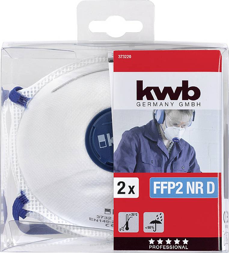 Balení obsahující dvě bílé respirátory FFP2. Na obalu je zobrazena osoba s ochrannými brýlemi a respirátorem.