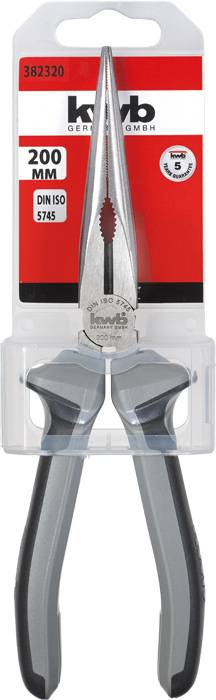 Kombinované kleště kwb 200 mm, vhodné podle DIN ISO 5745, v šedém a černém designu, prezentované na červeném pozadí.